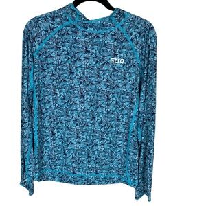 Men's Stio Blue Fly Print Long Sleeve Hoodie Base Layer Athletic Top Size M